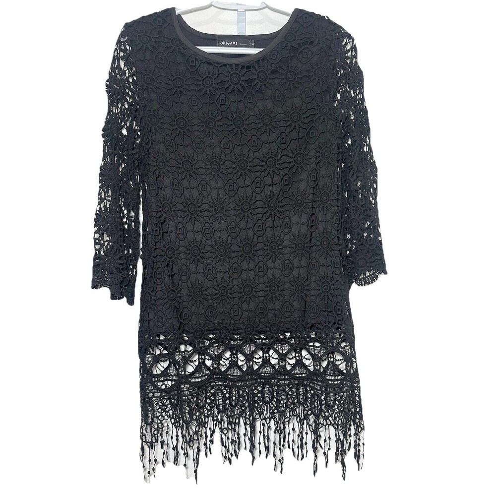 Origami Black Crochet Lace Fringe Top Boho Festival 3/4 Sleeve